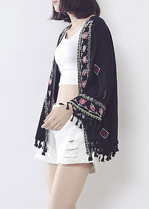 Áo khoác kimono voan ngắn đi biển, viền thổ cẩm mix họa tiết xinh | KM006