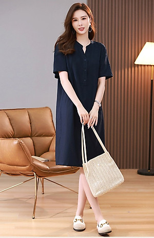 Hàng sẵn Đầm nữ linen nữ tính nhẹ nhàng, lịch thiệp, tao nhã màu xanh đen da199