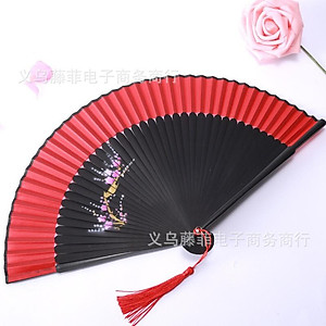 Quạt múa cổ trang dây tuyến viền đỏ cầm tay quà tặng xinh xắn cosplay phong cách tết