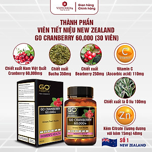 Viên uống viêm đường tiết niệu nhập khẩu chính hãng New Zealand GO CRANBERRY 60000+ (30 viên) hỗ trợ điều trị viêm đường tiết niệu, viêm phụ khoa, giảm tiểu buốt, tiểu dắt, tiểu đêm, khó đi tiểu