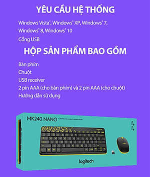Combo chuột phím không dây Logitech MK240 - Hàng chính hãng