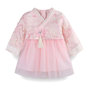 Váy sinh nhật, chụp ảnh kỉ niệm cho bé gái, đầm Hanbok cao cấp, chất ren thoáng đẹp mềm mại, dễ chịu với làn da bé, thêu nổi sang chảnh | MV09