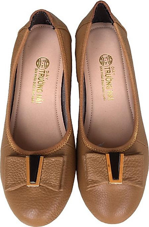 Giày đế xuồng nữ 3cm Trường Hải  đính nơ xinh da bò mềm mại màu vàng thời trang , đế xuống cao su DX0132