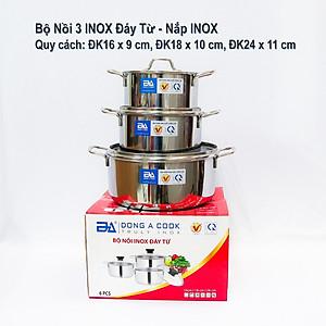 Bộ nồi đáy từ 3 cái đáy từ Đông á gồm 3 size 16cm/18cm/24cm có 2 loại nắp inox và nắp kính (chọn phân loại)-Hàng chính hãng