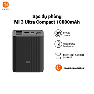 Pin sạc di động 10000mAh Mi Power Bank 3 Ultra Compact | 2*USB-A / 1*USB-C Upto 22.5W | BHR4412GL | Bảo hành 6 tháng | Hàng Chính Hãng