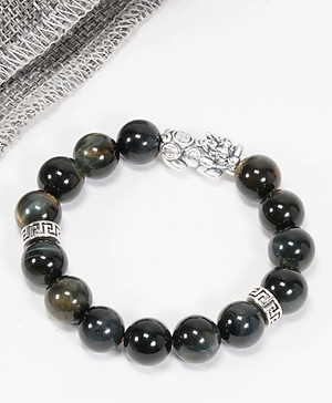 Vòng Thạch Anh Mắt Hổ Xanh Đen Phối Tỳ Hưu Bạc (12mm) Ngọc Quý Gemstones