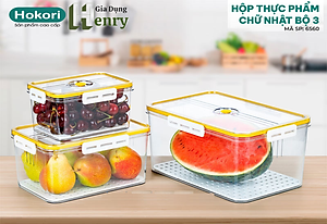 Bộ hộp thực phẩm chữ nhật HOKORI 6560, Bộ hộp đựng thực phẩm Nhựa Việt Nhật cao cấp có khóa cài chắc chắn - Hàng Việt Nam