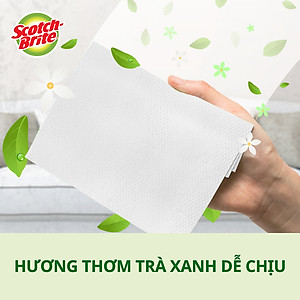 Khăn ướt thay thế cây lau siêu tốc Scotch Brite 3M, 28 cm x 21cm, 8 miếng/gói, kháng khuẩn 99,9%, hương trà xanh thơm mát, tĩnh điện giúp hút và giữ bụi bẩn, tóc,… , phù hợp với nhiều bề mặt