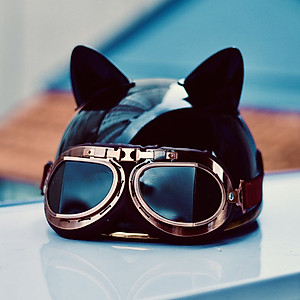 Mũ bảo hiểm xe máy nửa đầu Rona Luxury kèm kính phi công viền đồng, nón bảo hiểm có lỗ thông gió tặng kèm tai mèo