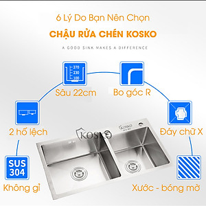 Bồn rửa chén inox 304 KOSKO, chậu rửa chén bát 82x45cm đúc lệch lắp được nhiều loại vòi nước rửa chén