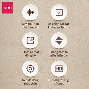 Đồng hồ treo tường kim trôi không ồn minimalist phong cách tối giản trang trí phòng khách Bảo hành 12 tháng Deli