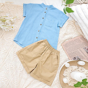 Áo sơ mi bé trai xanh dương cổ Tàu chất linen đũi mềm mịn mát hè thu MamLa