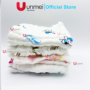 Khăn Sữa Cotton Unmei 6 lớp cho Bé, 30x30cm, Khăn Vải Xô Dày dặn, Thấm Hút Tốt, Màu Trắng Hoa văn ngẫu nhiên