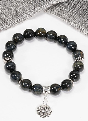 Vòng Mắt Hổ Xanh Đen Phối Charm Hoa Sen Bạc (10mm) Ngọc Quý Gemstones