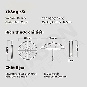 Ô dù tán rộng che nắng mưa H27 NASON, 16 nan, khắc tên lên tay cầm gỗ, chống lật trong gió to, che 2 3 người