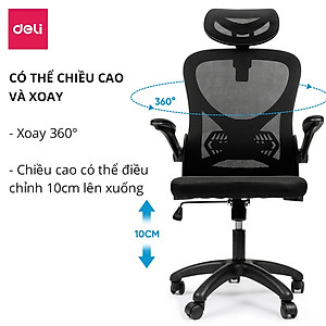 Ghế Xoay Văn Phòng Ngồi Làm Việc Công Thái Học Có Tựa Đầu Deli - Tay Gập Thông Minh, Có Ngả Lưng, Lưới Thoáng Khí, Chân Xoay Tiện Ích, Đệm Ghế Êm Aí - Phù Hợp Học Sinh, Văn Phòng, Game Thủ, Gaming - Hàng Chính Hãng