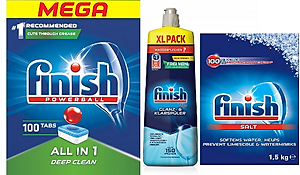combo Viên rửa bát finish all in one 100 viên+Dung dịch Nước làm bóng finish 800ml +Muối rửa bát finish 1.5kg cho Máy rửa bát