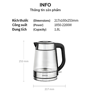 Ấm đun siêu tốc Locknlock Glass electric kettle EJK256BLK - 220-240V, 50-60Hz, 1850-2200W, Dung tích 1.8L- Màu đen - Hàng chính hãng