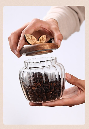 Hủ thủy tinh nắp gỗ dáng trái táo đựng trà, cà phê, các hạt và thực phẩm khô