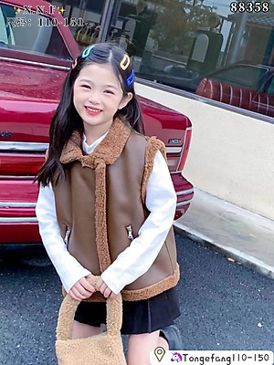 Áo gile bé gái lót lông cừu, Áo da lộn cho bé 4-10 tuổi kéo khóa kiểu dáng khỏe khoắn thời trang