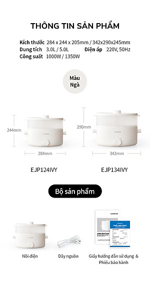 Nồi điện đa năng Bianco LocknLock EJP134IVY (5 lít), EJP124IVY (3 lít), Hàng Chính Hãng, Nấu nhanh, Phủ men sứ - JoyMall