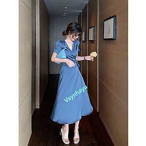 Đầm lụa Satin kiểu Pháp cổ V, váy dự tiệc trắng xanh, vô cùng lịch lãm, quý phái, sang trọng.