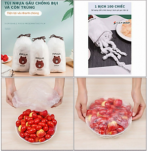 Set 100 màng bọc KG78 túi gấu bọc thực phẩm PE có chun bọc đồ ăn co giãn tái sử dụng - Hàng chính hãng