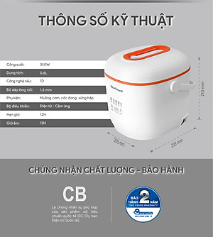 Nồi Cơm Điện Tử BlueStone RCB-5928 - 0.6 Lít - 350W - Điều Khiển Cảm Ứng - Hẹn Giờ - Giữ Ấm - Lòng Nồi 1.5mm - Bảo Hành 2 Năm - Hàng Chính Hãng