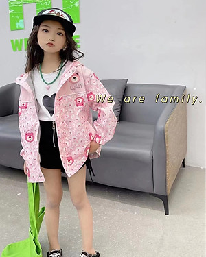 Áo khoác gió cho bé gái size đại, Áo gió trẻ em 5-12 tuổi phối màu và hình Gấu cao cấp lót cotton hàng Quảng Châu