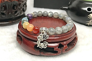 Vòng Tay Xà Cừ Xám Mix Đá 7 Sắc Và Charm Hồ Ly Bạc Ngọc Quý Gemstones VPT037 