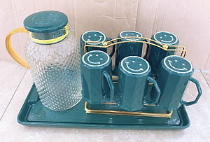 COMBO BÌNH THỦY TINH ĐỰNG NƯỚC UỐNG KÈM 6 CỐC, GIÁ TREO CỐC, KHAY SỨ MÀU XANH CỔ VỊT CHỊU NHIỆT CÁO CẤP - ANTH251