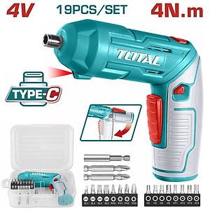 Bộ máy bắt vít dùng pin 4V kèm 20 chi tiết vít TOTAL TSDLI0442 - Có hộp, sạc Type C, vặn vít, siết vít, pin dung lượng cao, có đèn LED, có đảo chiều