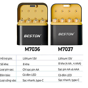 Sạc pin Beston AA AAA M7037 1.5V dùng cho pin 2A 3A 8 khe, cổng USB-C, sạc nhanh tự ngắt thông minh