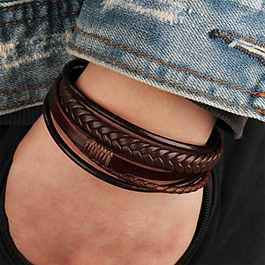 2x Woven Braided PU Leather Men Bracelet Bangle Wristband