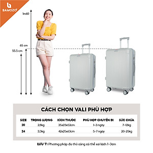 Vali du lịch BAMOZO 8801 MÀU BẠC size 20/24, vali kéo nhựa được bảo hành 5 năm.