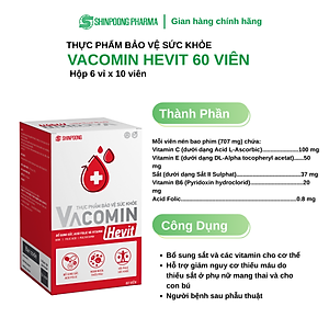 [Hộp 60 Viên] Viên Uống VACOMIN HEVIT Bổ Sung Sắt (Fe) Cho Người Có Nguy Cơ Thiếu Máu | Kết Hợp Acid Folic, Vitamin C, E, B6 - SHINPOONG PHARMA