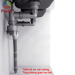 Bộ Xi Phông Xả Thải Bồn Rửa Chén Bát 2 Hố Phi 110-140 Pimisi Cao Cấp - Loại Ống Thải Nhựa Cứng Không Đọng Nước - Cốc Inox 304, Lọc Rác, Bầu Chống Mùi Hôi Và Giảm Dầu Mỡ Ống Dẫn - Có Thoát Tràn | Hàng Chính Hãng