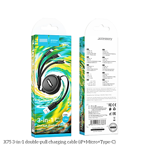 Cáp sạc đa năng dây rút Ho. X75 3 in 1 dây dẹp chống đứt, độ dài 1 mét ( hàng chính hãng)