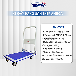 Xe Đẩy Hàng 4 Bánh Ameca HAM-150S- Sàn Thép, Khung Thép, Giảm ồn, Gấp gọn, tải trọng 150kg