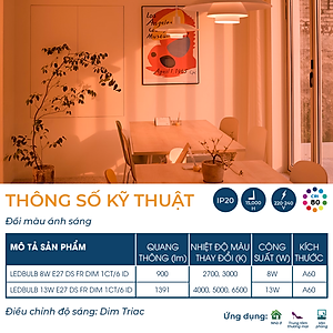 Bóng đèn Philips LED Bulb A60 DS FR DIM thay đổi nhiệt độ màu - Công suất (8W, 13W)
