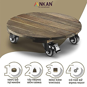 Đế Lót Chậu Cây Có Bánh Xe Cao Cấp ANKAN, Tròn Màu Xám Đen R35cm, Tải trọng 150 Kg, Di Chuyển Chậu Cây Êm Ái, Không Ồn