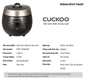 Nồi cơm điện tử áp suất Cuckoo 1.08 lít CRP-R0600F màu đen - Bản Quốc Tế tiếng Anh - Hàng chính hãng