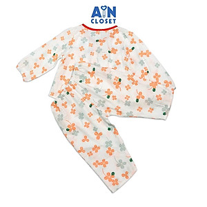 Bộ quần áo dài bé gái họa tiết Hoa mẫu đơn cam viền nơ đỏ xô sợi tre - AICDBGWEWOEQ - AIN Closet