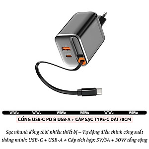 Adapter cóc củ sạc nhanh 45W PD USB C + USB-A 3.0 kèm dây sạc Type-C PPS chống cháy hiệu WIWU Helix Fast Charger cho iPhone iPad Oppo Samsung - Hàng nhập khẩu
