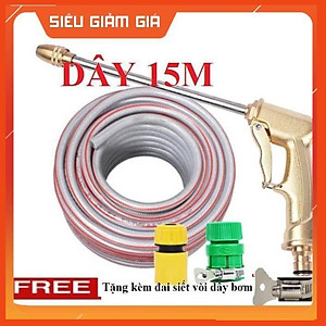 Bộ dây vòi xịt nước rửa xe, tưới cây . tăng áp 3 lần, loại 15m 206701-3 đầu đồng, cút+ tặng đai