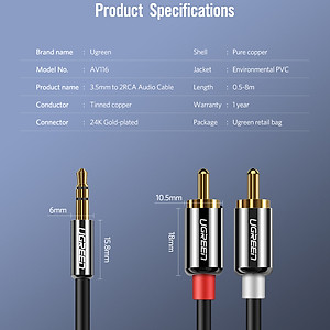 Cáp Audio 3.5mm to AV 2 đầu hoa sen (RCA) dài 3M Ugreen 10590 vỏ nhôm - Hàng chính hãng