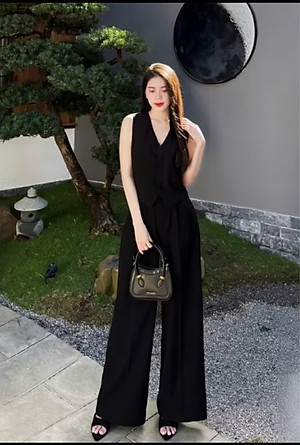Bộ Linen nữ gồm 1 áo vest vạt nhọn và 1 quần ống rọng cạp cao, tôn dáng, trẻ trung Bv10