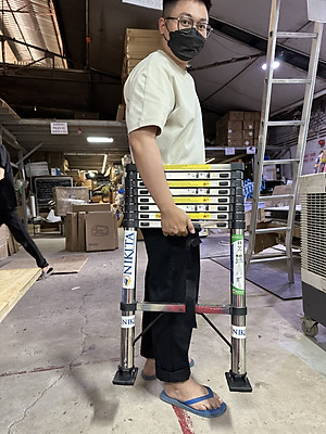 Thang nhôm INOX rút đơn xếp gọn 2,6m - 5.9m gấp gọn Nhập Khẩu NIKITA - chịu lực tới 150kg