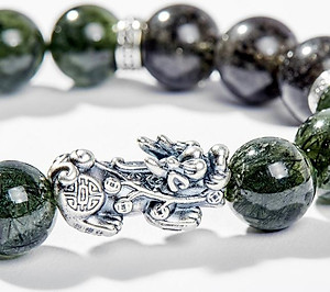 Vòng Tay Phong Thủy Nam Đá Thạch Anh Tóc Xanh Phối Thạch Anh Tóc Đen Charm Tỳ Hưu Bạc (12mm) Mệnh Mộc, Hỏa, Thủy Ngọc Quý Gemstones