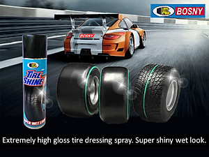 Chai xịt bóng lốp xe, chai xịt bóng vỏ xe, chai xịt bóng ghế xe ô tô ,chai xịt bóng yên xe máy và bảo vệ lốp xe, vỏ xe, ghế xe và yên xe - TIRE SHINE Bosny B118 600cc- Nhập khẩu Thái Lan